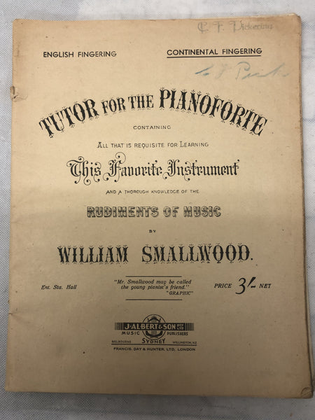 Tutor For The Pianoforte - by William Smallwood (Second Hand)