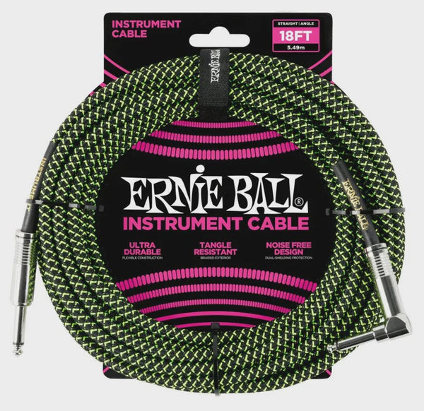 Ernie Ball - 18' Braided Guitar Lead ST/ANG - Black/Green