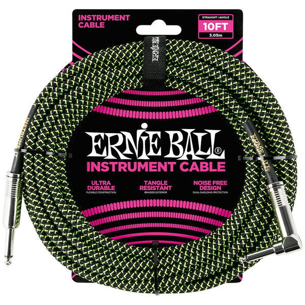 Ernie Ball 10' Braided Straight/Angled Black/Green Guitar Lead