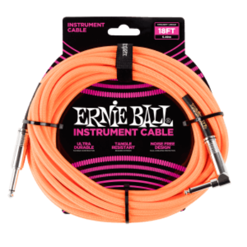 Ernie Ball 18' Braided Straight/Angled Neon Orange Guitar Lead
