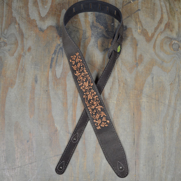 Colonial Leather - Leaves Embroidered Brown Suede Guitar Strap