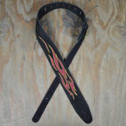 Colonial Leather - Flames Embroidered Black Suede Guitar Strap