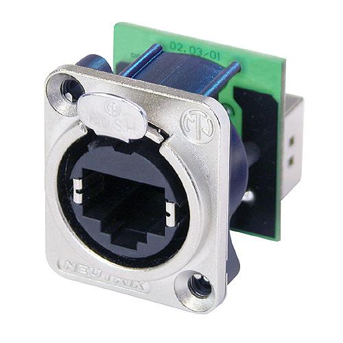 Neutrik - NE8FDP - RJ45 feedthrough receptacle, D-shape metal flange with the latch lock, mounting screws included.